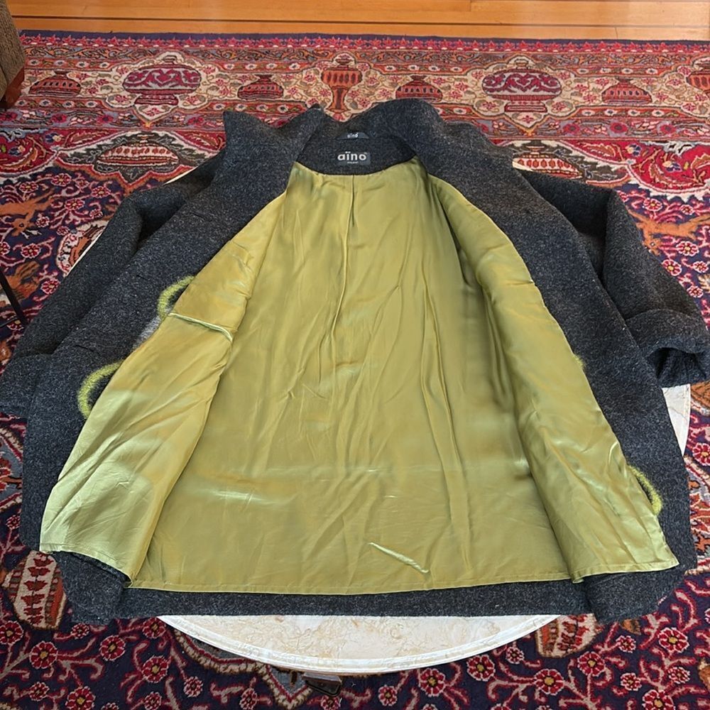 Aino Finland Dark Grey & Lime Green Wool Car Length Coat - Picture 13 of 15
